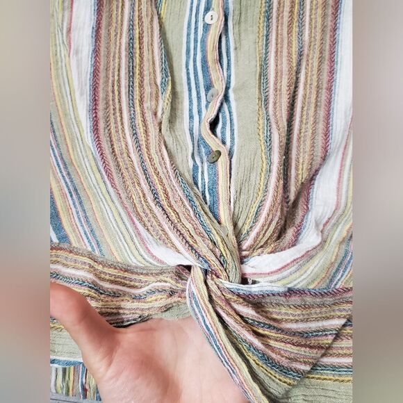 Angie Short Sleeves Crop Top Shirt. Multicolor Stripes. Twisted Front. Boho. L. - Picture 4 of 8